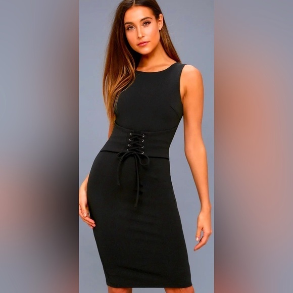 NWT Lulus Bodycon Lace Up Waist “Say So” Black Midi Dress - Picture 1 of 8